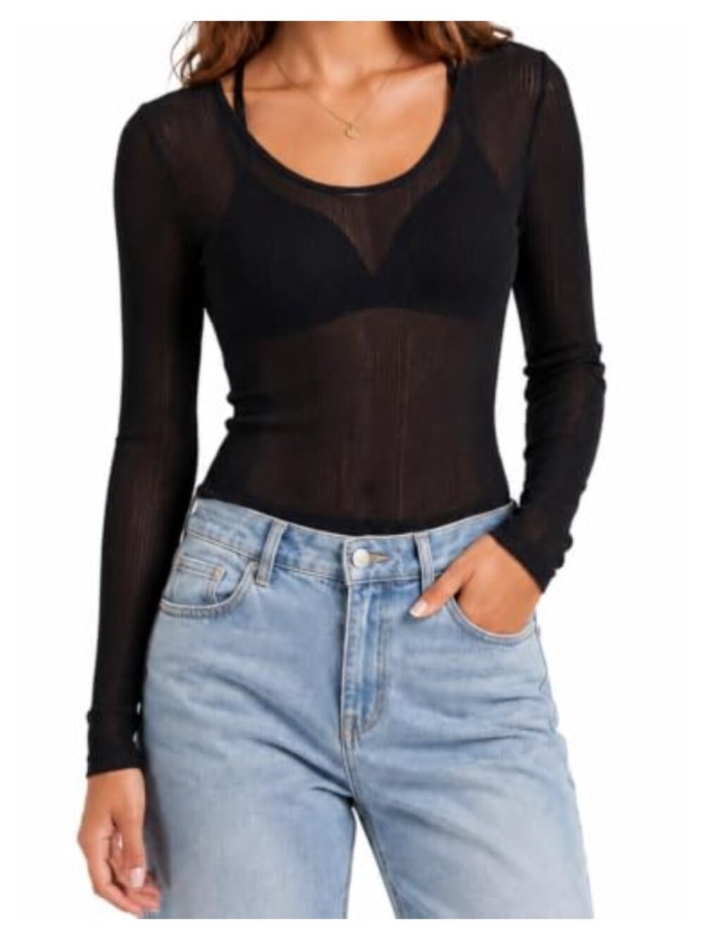 Mesh Sheer Top V Neck Long Sleeve Fitted Layering Cotton Shirt